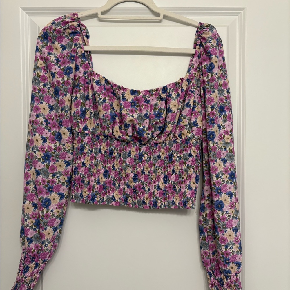Forever 21 Pink Multi Floral Smocked Long Sleeve Crop Top